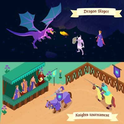 Set of medieval isometric horizontal banners battle with dragon and tournament of knights isolated vector illustration