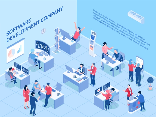 Programmers of software development company during work in office isometric horizontal vector illustration