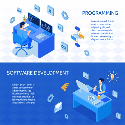 Set of horizontal isometric banners programmers during coding and development of software isolated vector illustration