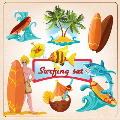 Beach surfing summer decorative elements set isolated vector illustration