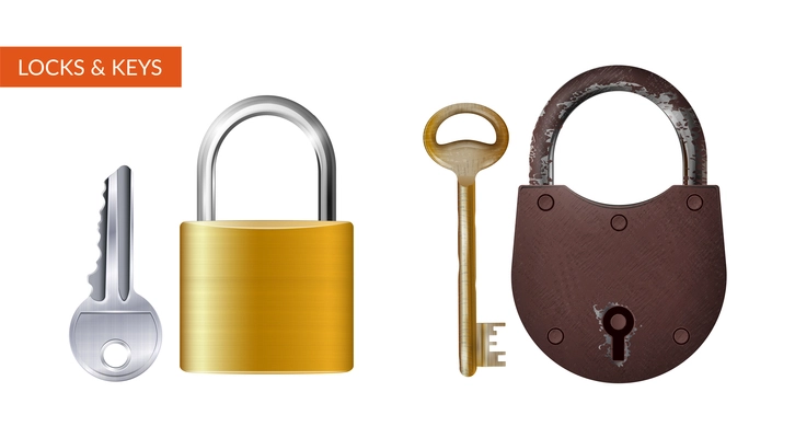 Two realistic kits of padlock with key for safety and security protection isolated vector illustration