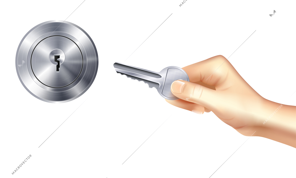 Lock and key realistic design concept with metallic door keyhole and hand holding key vector illustration