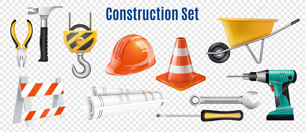 Construction realistic set of handle instrument and devices for safety outdoor work on transparent background isolated vector illustration