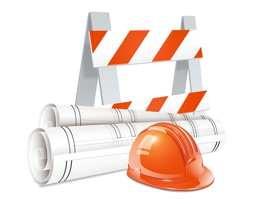 Construction design concept set of road barrier orange helmet and roll of engineering drawings realistic elements vector illustration