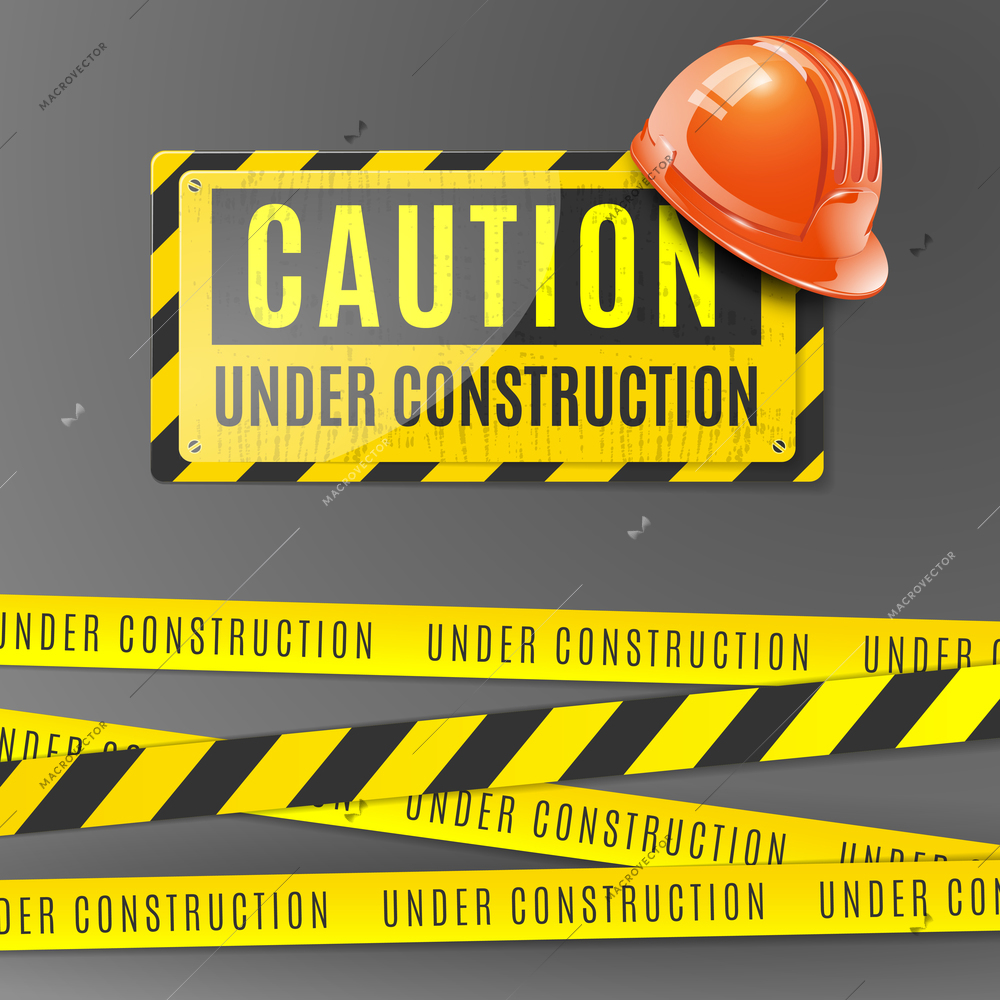Under construction realistic poster with orange helmet caution placard and fencing tape with yellow and black stripes vector illustration