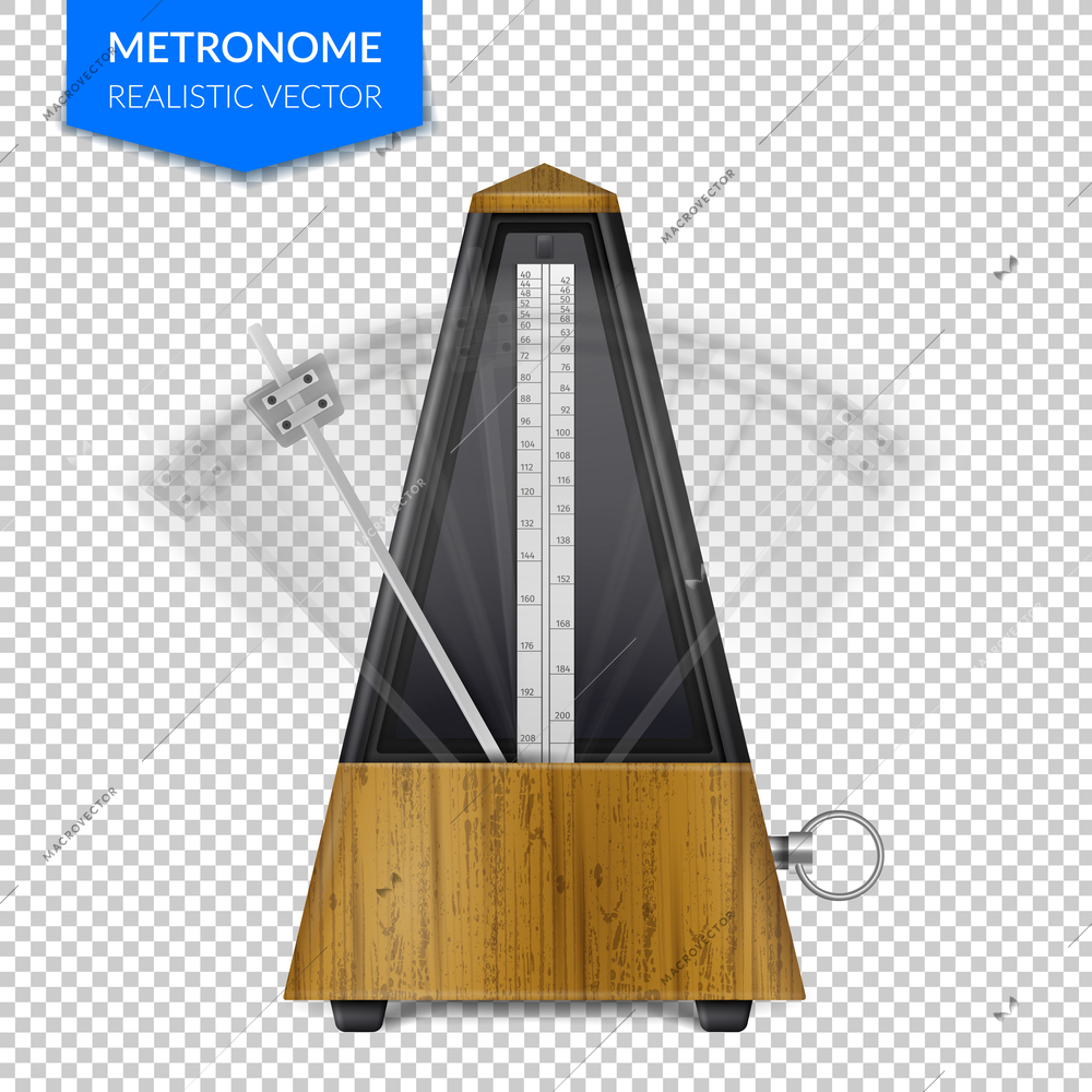 Vintage wooden style of classic metronome with pendulum in motion on transparent background realistic vector illustration