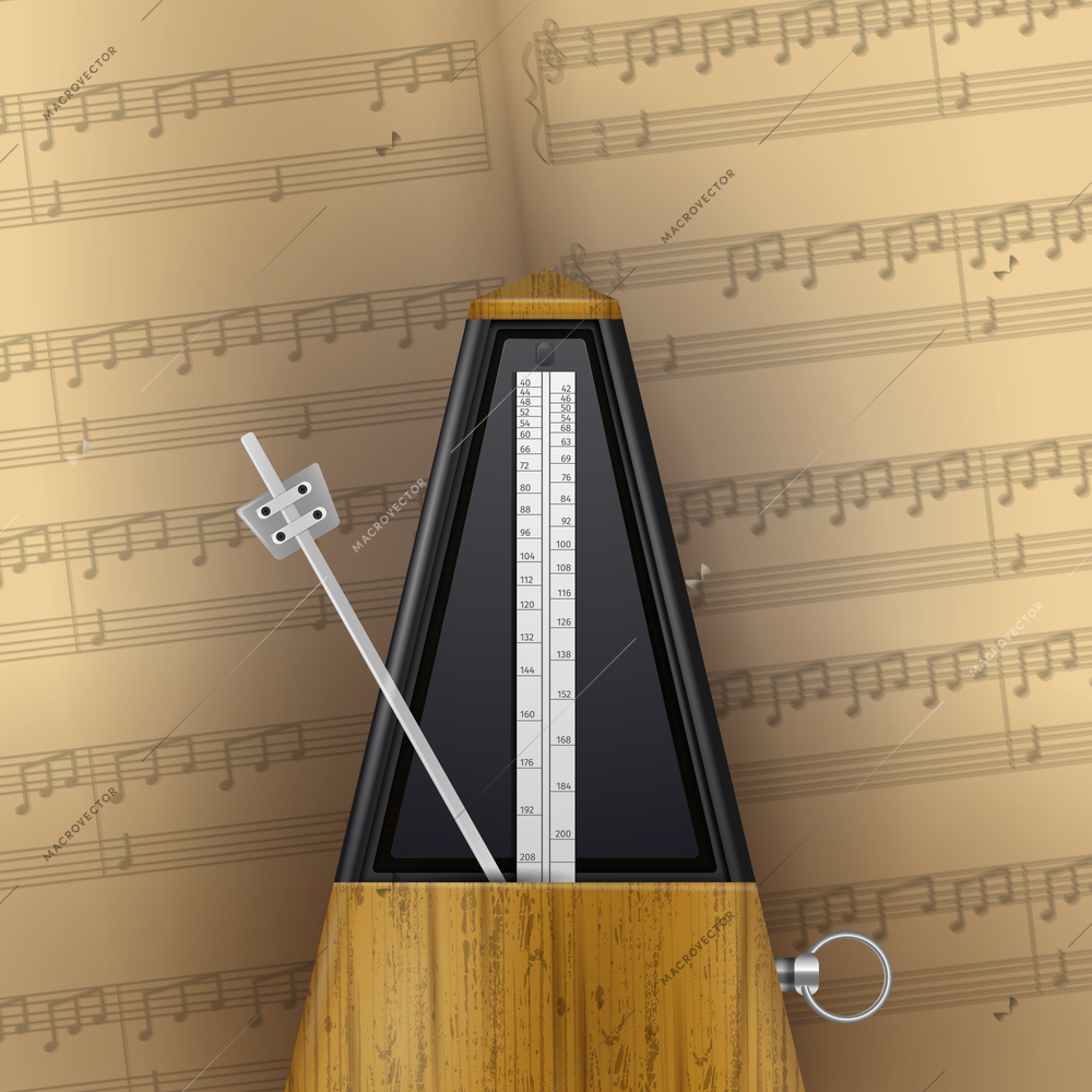 Vintage swinging metronome on page of music notebook background realistic vector illustration