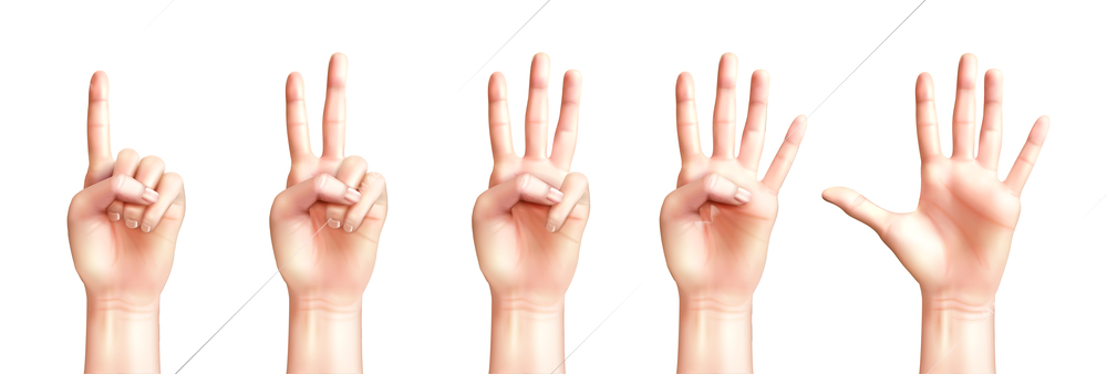 Realistic people hands counting from one to five isolated on white background vector illustration