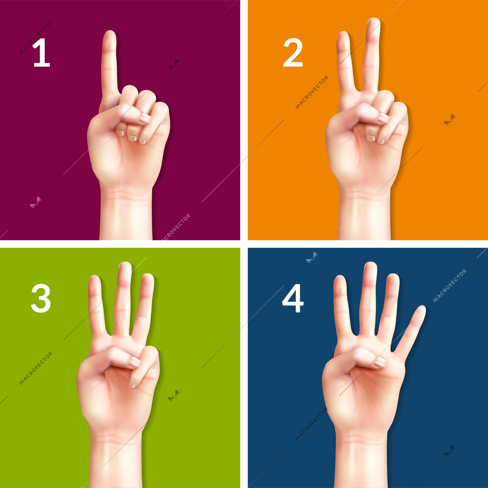 Counting hands from one to four 2x2 design concept set of square colored icons realistic vector illustration