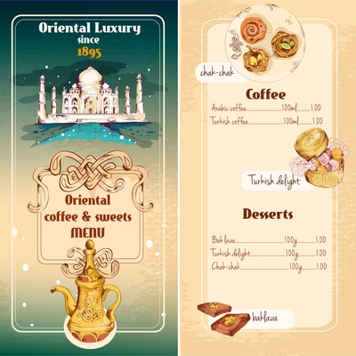 Oriental asian luxury coffee and traditional sweet desserts menu vector illustration