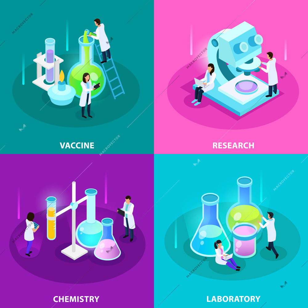 Vaccines development isometric design concept with laboratory research chemistry equipment and experiments isolated vector illustration