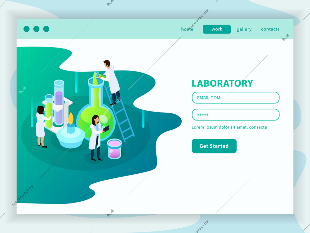 Vaccines development isometric web landing page with menu user account and icon of chemistry laboratory vector illustration