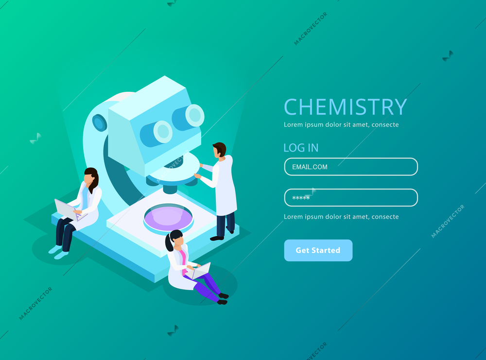 Vaccines development isometric web composition with user account and scientists during work green background vector illustration