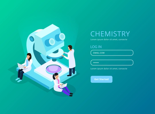 Vaccines development isometric web composition with user account and scientists during work green background vector illustration