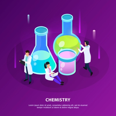 Scientific chemistry research during development of vaccines on purple background isometric vector illustration