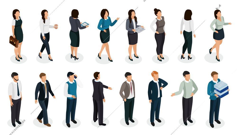 Office people in business clothing in various posture with accessories isometric set isolated vector illustration