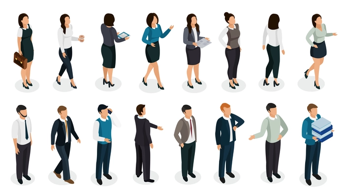 Office people in business clothing in various posture with accessories isometric set isolated vector illustration