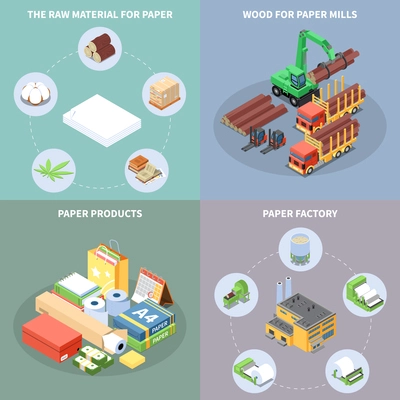 Paper production concept icons set with paper factory symbols isometric isolated vector illustration