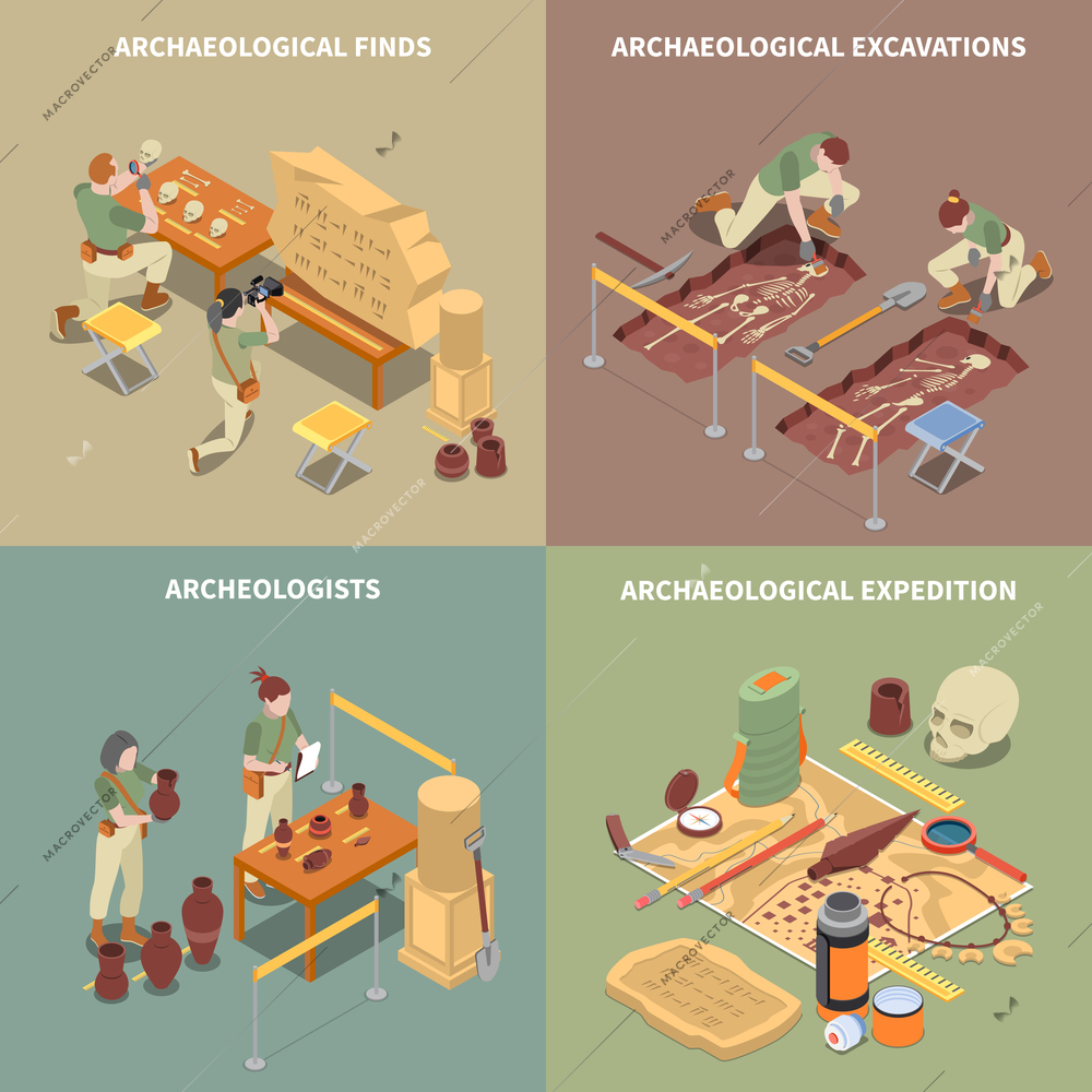 Archeology isometric concept icons set with excavations and finds symbols isolated vector illustration