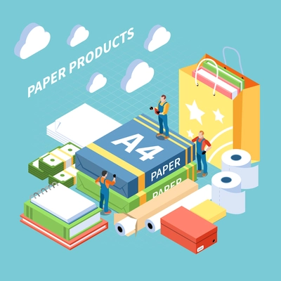 Paper production concept with finished products symbols isometric vector illustration