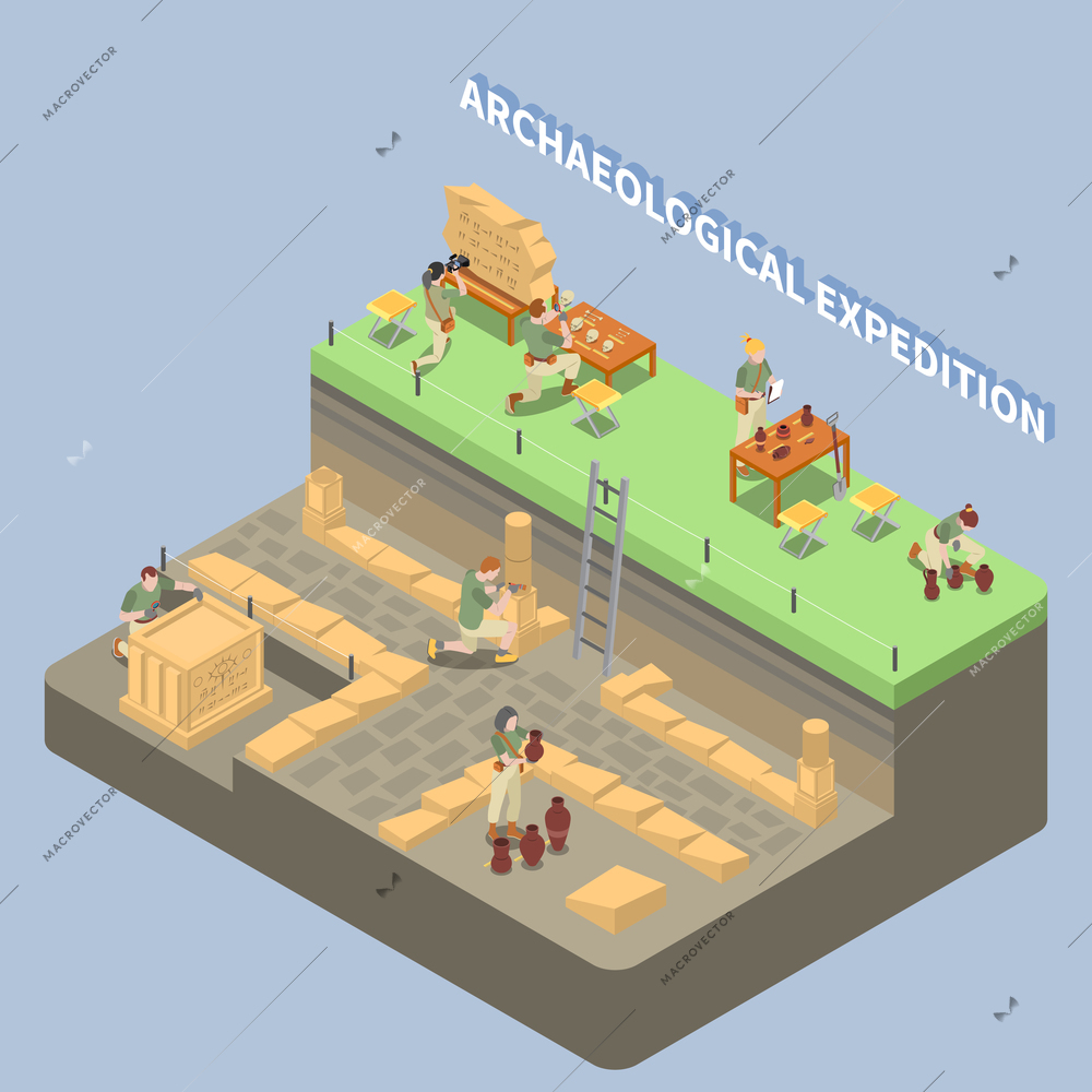 Archeology isometric composition with ancient remains and expedition symbols vector illustration