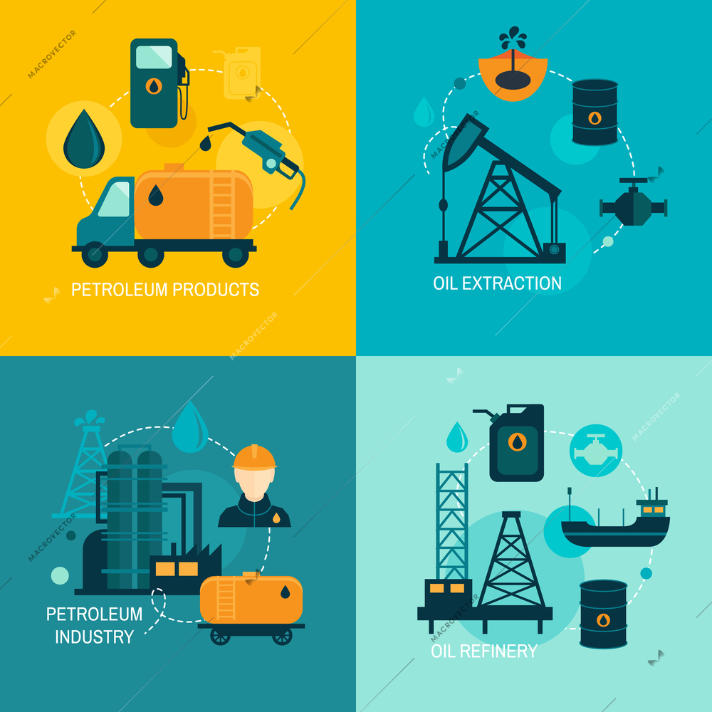 Oil industry business concept of gasoline diesel production fuel distribution and transportation four icons composition vector illustration