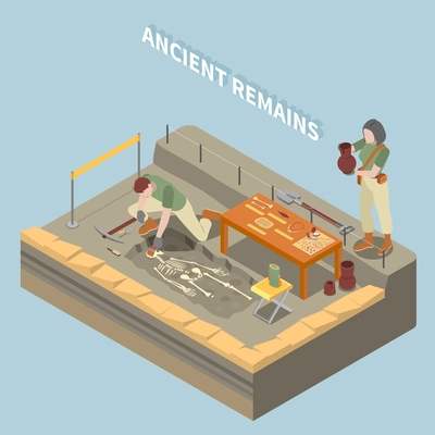 Archeology isometric concept with ancient remains and objects symbols vector illustration