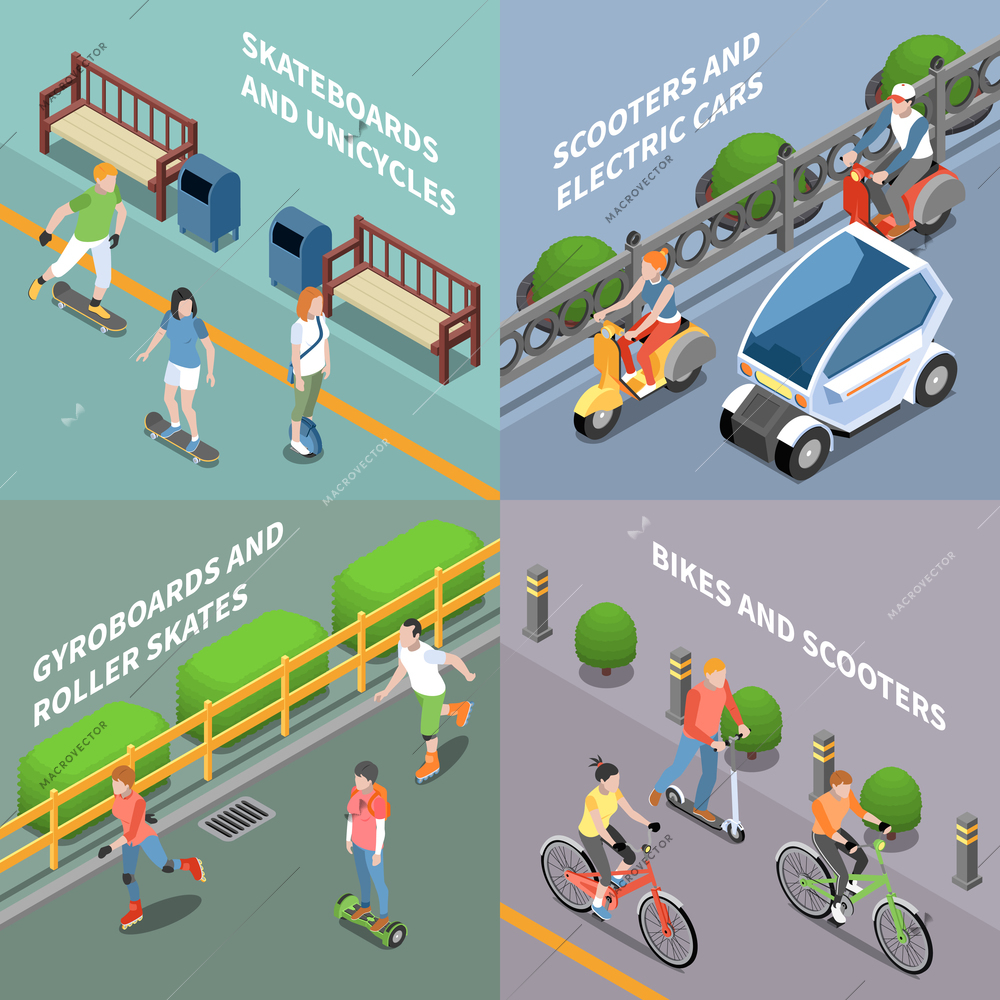 Eco transportation concept icons set with bike and scooter isometric isolated vector illustration