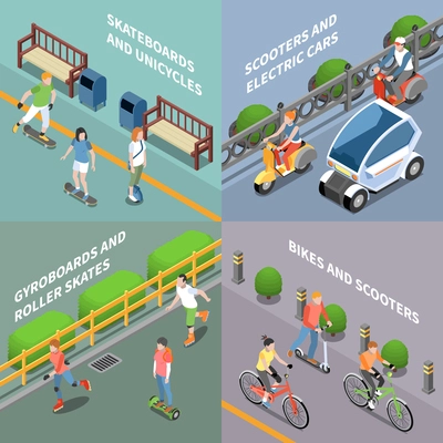 Eco transportation concept icons set with bike and scooter isometric isolated vector illustration