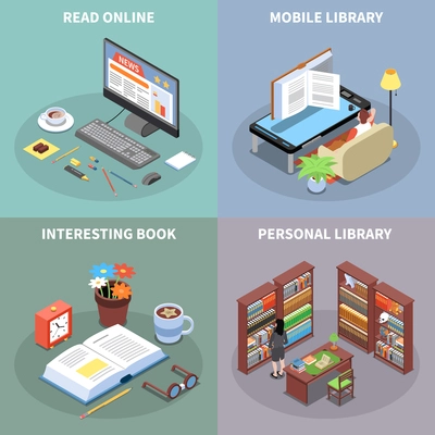 Reading and library concept icons set with mobile library symbols isometric isolated vector illustration