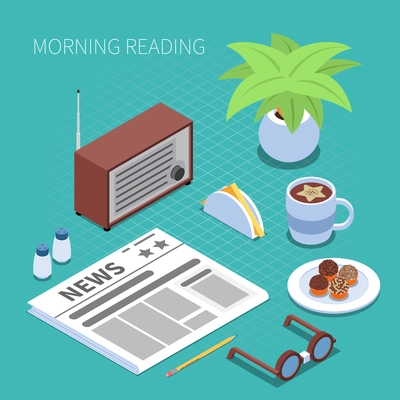Reading and library concept with morning reading symbols isometric isolated vector illustration