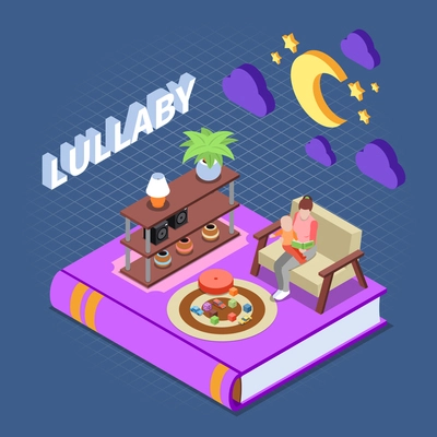 Reading concept with lullaby reading for children symbols isometric isolated vector illustration