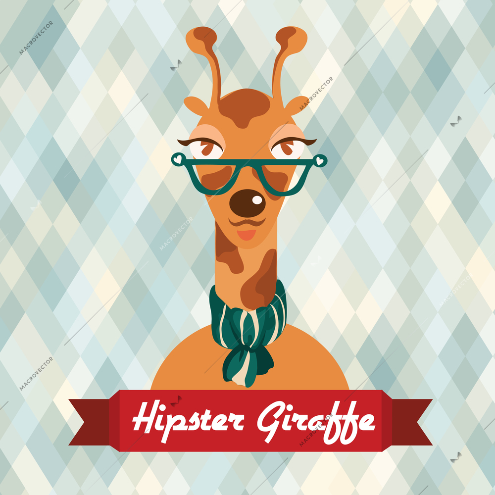 Hipster giraffe with glasses and scarf on rhombus background vector illustration