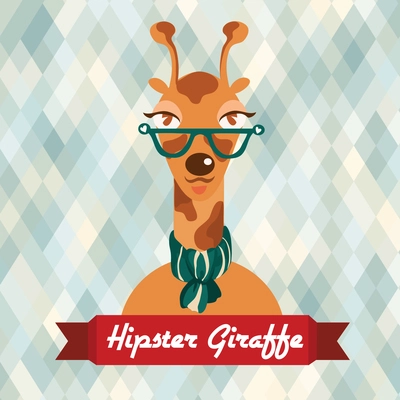 Hipster giraffe with glasses and scarf on rhombus background vector illustration