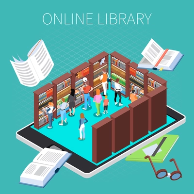 Reading and library composition with online library symbols isometric vector illustration