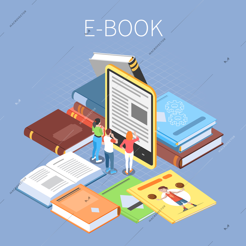 Library concept with online reading and ebooks symbols isometric vector illustration