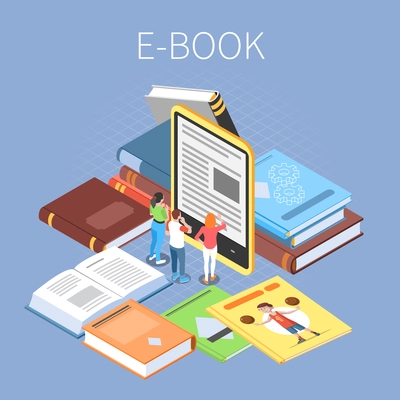 Library concept with online reading and ebooks symbols isometric vector illustration