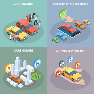 Carsharing concept icons set with car selection symbols isometric isolated vector illustration