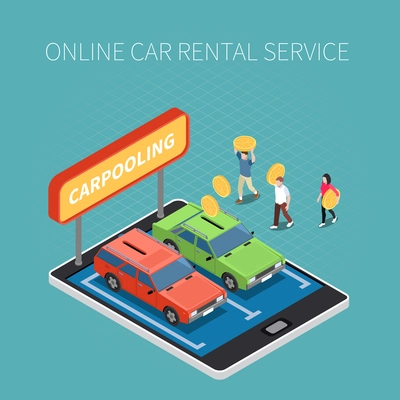 Car rental isometric concept with online service symbols vector illustration