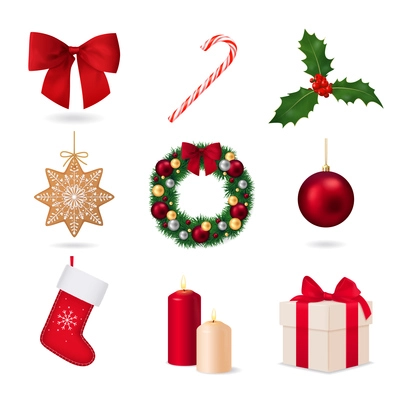 Christmas realistic set with nine isolated images of holiday accessories and decorations on blank background vector illustration