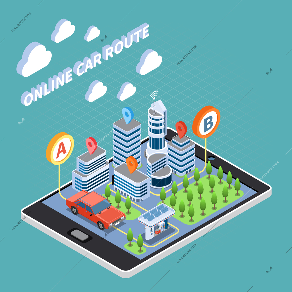 Carsharing isometric composition with online car route symbols  vector illustration