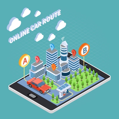 Carsharing isometric composition with online car route symbols  vector illustration