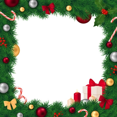 Christmas realistic composition with empty frame made of new year tree branches and christmas decorations vector illustration