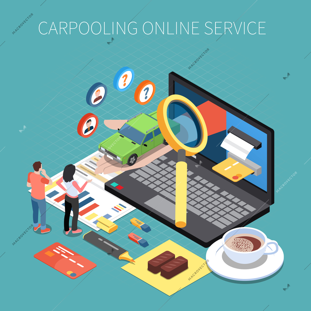 Carsharing and carpooling isometric concept with car rental symbols  vector illustration