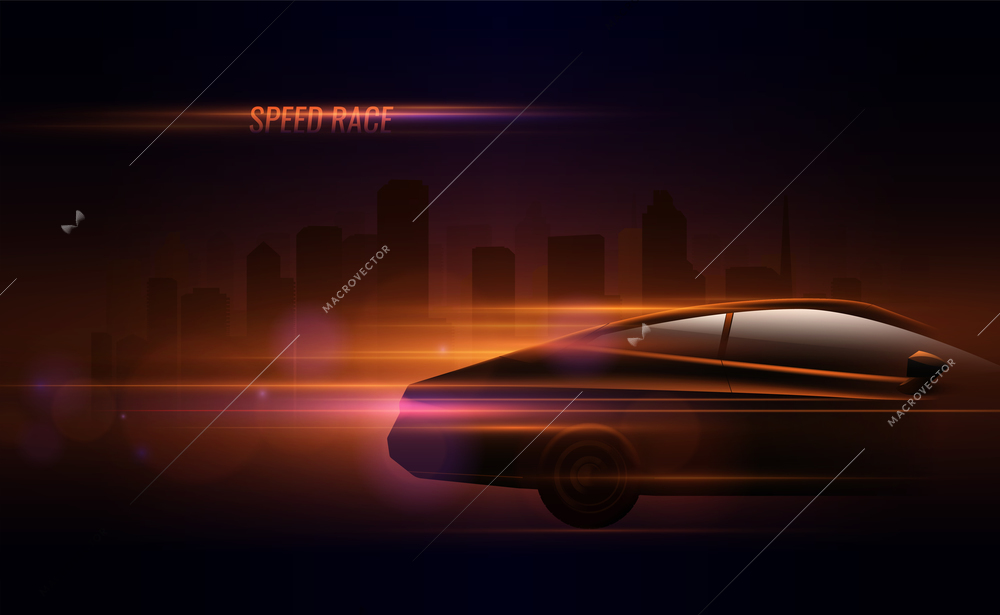 High speed race hatchback car trailing lights motion effect realistic composition in night city street vector illustration