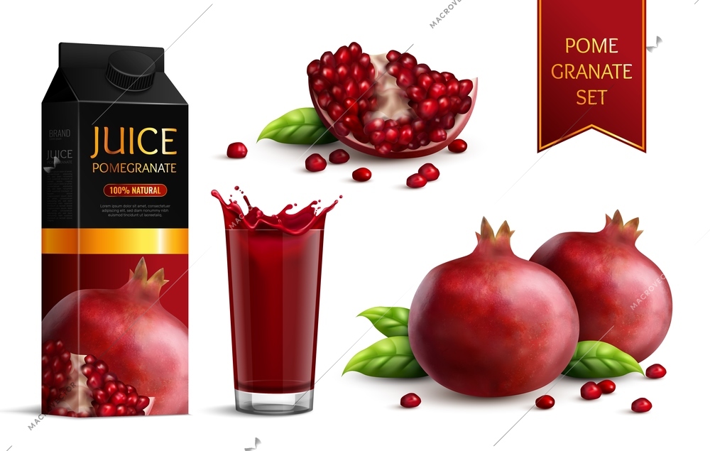 Ripe dark red pomegranates whole segments scattered seeds juice package and glass realistic images set vector illustration