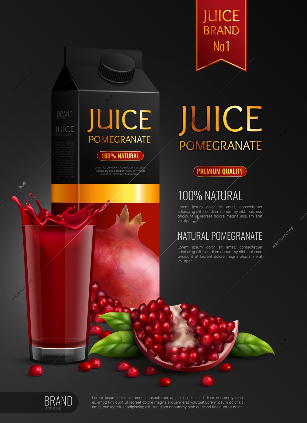 Natural pomegranate juice advertising realistic composition black background poster with package seeds and full glass vector illustration