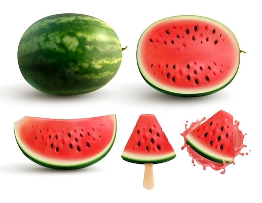 Ripe juicy watermelon whole half quarter segment and bite sized pieces on stick realistic set vector illustration