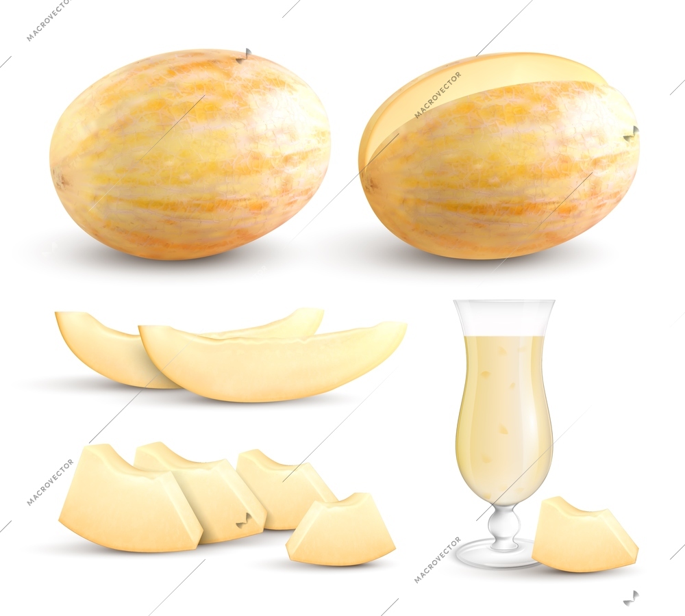 Ripe fresh yellow meloen whole segments bite sized pieces and juice realistic closeup images collection vector illustration