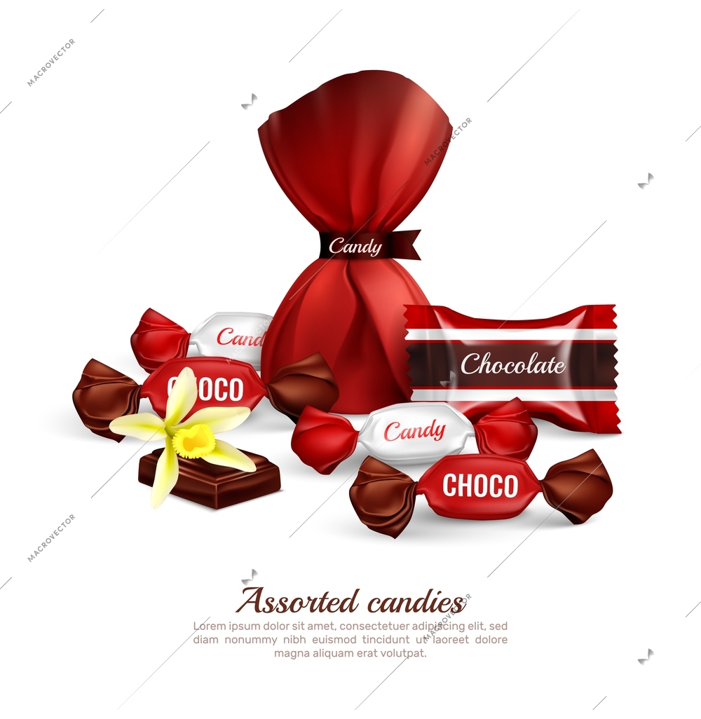 Assorted chocolate candies in colorful foil packaging with fresh vanilla flower   realistic advertising composition lettering vector illustration